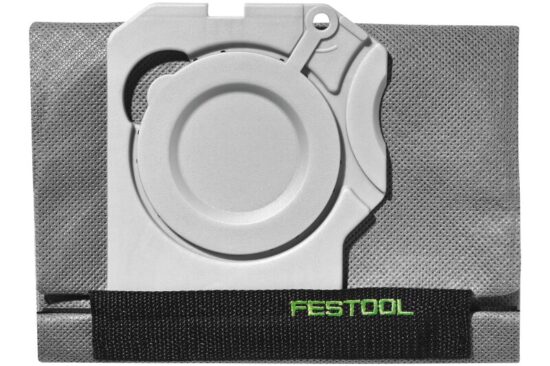 A grey Festool vacuum filter bag with a round plastic connector sits against a textured background. A black strap with green FESTOOL branding runs horizontally across the lower part.