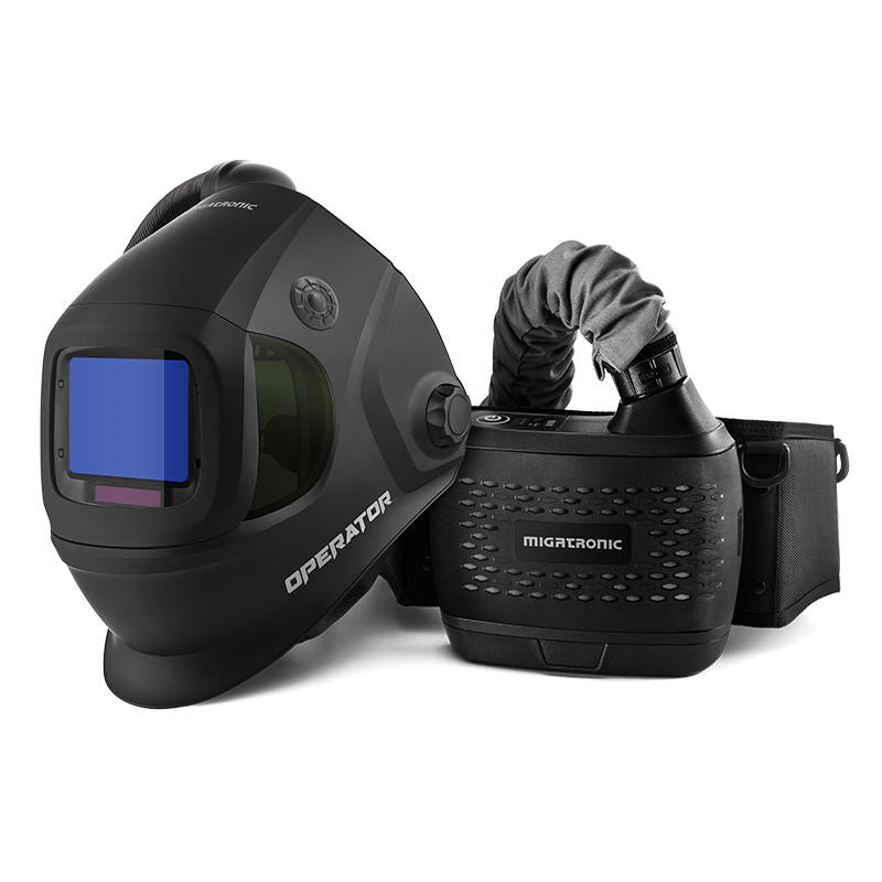 The Migatronic OPERATOR HELMET/PAPR KIT BLACK features a black helmet with a blue viewing window and a flexible hose connecting to the PAPR kit, designed for optimal operator safety.