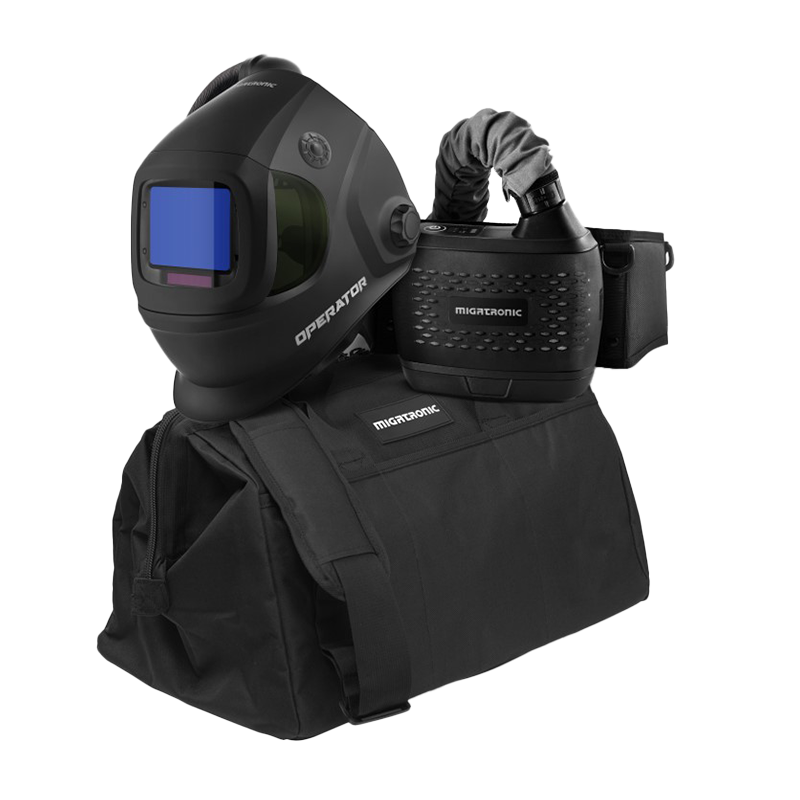 A Migatronic OPERATOR HELMET/PAPR KIT BLACK with a blue-tinted visor rests atop a matching black carrying bag.