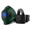 The Migatronic OPERATOR HELMET/PAPR KIT GREEN features a dark green helmet connected by a flexible hose to a black respirator unit, secured at the waist.