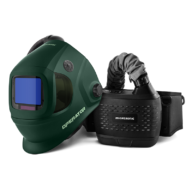 The Migatronic OPERATOR HELMET/PAPR KIT GREEN features a dark green helmet connected by a flexible hose to a black respirator unit, secured at the waist.
