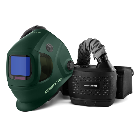 The Migatronic OPERATOR HELMET/PAPR KIT GREEN features a dark green helmet connected by a flexible hose to a black respirator unit, secured at the waist.