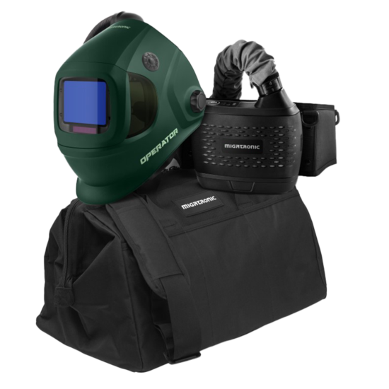 A Migatronic OPERATOR HELMET/PAPR KIT GREEN, featuring a powered air respirator unit with hose, sits on a large black carrying bag—all branded Migatronic.