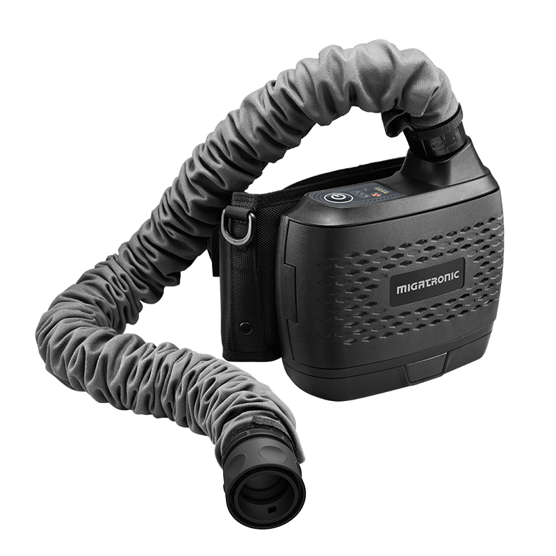 The Migatronic OPERATOR HELMET/PAPR KIT BLACK is a compact, black unit with a textured surface and flexible fabric hose—perfect for air filtration or welding fume extraction when used together.