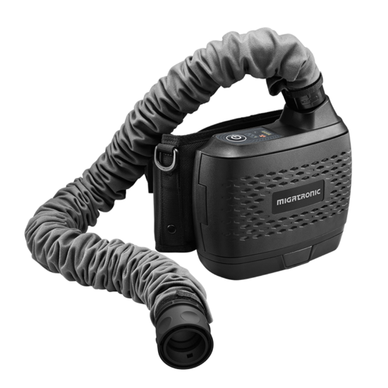 The Migatronic OPERATOR HELMET/PAPR KIT GREEN is a compact, black device with a textured surface and flexible hose—perfect for welding fume extraction or air filtration.