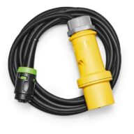 A coiled black power cable with a yellow industrial plug on one end and a black and green connector on the other, placed on a white background.