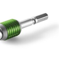 A close-up of a green and silver hexagonal screwdriver bit adapter, isolated on a white background.