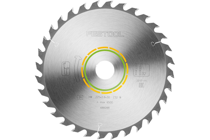 A circular saw blade with sharp teeth and detailed engravings, including the FESTOOL brand name and specifications, displayed against a white background.