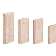 Six wooden Festool Domino tenons of varying sizes are arranged in a row from largest to smallest on a white background. Each tenon has FESTOOL DOMINO engraved on its surface.