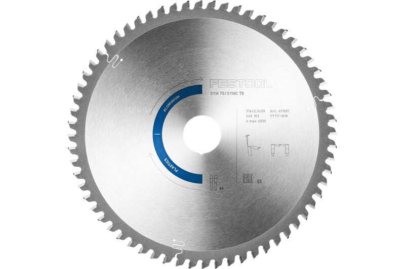 Circular saw blade with sharp metal teeth, bearing the FESTOOL name at the center and marked with specifications and icons. The blade features alternating teeth and a blue section indicating direction or function.
