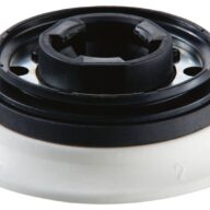 A close-up of a black and white round plastic and metal mechanical part, possibly a replacement component for an appliance or tool, set against a white background.