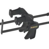 Two black DeWalt trigger clamps with yellow logos are shown on a white background, positioned parallel to each other with their jaws and handles facing opposite directions.