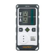 The LaserLiner RangeXtender G 60 is a handheld laser receiver with GRX-READY technology, digital display, multiple buttons, indicator lights, and speaker grill in a rugged black and white casing for durability.