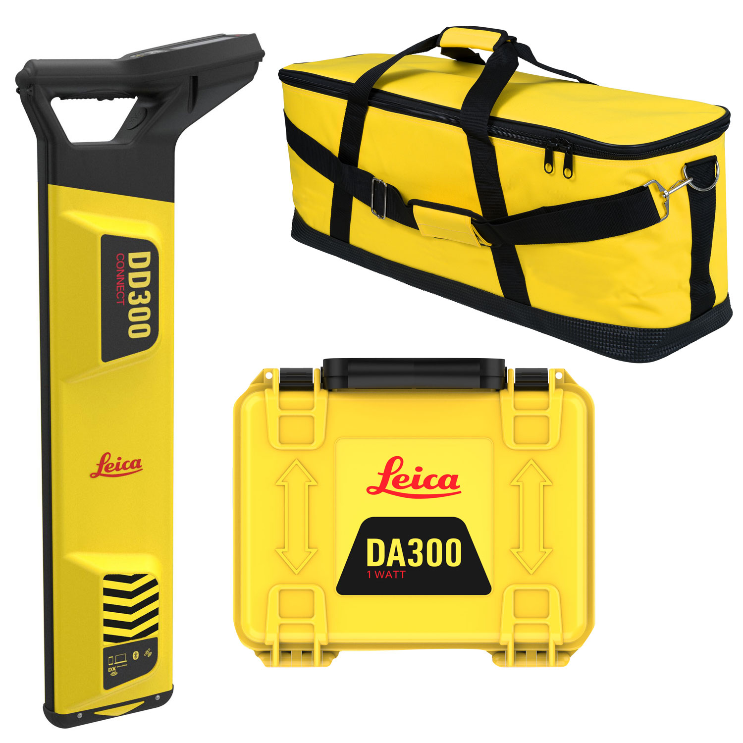 The Leica DD300/DA300 NEW GPS & Data Logging Cable Locator Kit, featuring a yellow cable locator, DA300 case, and black/yellow carrying bag, is displayed on a white background.