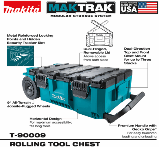 The Makita P-91001 MakTrak Rolling Tool Chest features metal reinforced locks, a dual-hinged lid, dual-direction mount, 9 all-terrain wheels, a horizontal design, and a gecko grip handle.