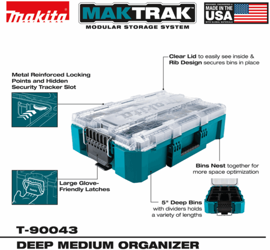 Makita MAKTRAK T-90043 Deep Medium Organizer with clear lid, metal-reinforced locks, and 5 deep bins features a modular design—compatible with the Makita P-91001 MakTrak Rolling Tool Chest for seamless storage; shown in teal.