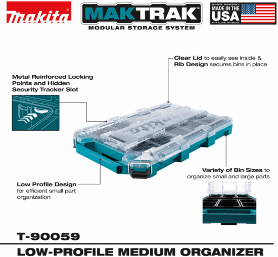 A Makita MAKTRAK low-profile medium organizer with clear ribbed lid, reinforced locking points, hidden security tracker slot, and assorted bins for parts. Pairs perfectly with the Makita P-91001 MakTrak Rolling Tool Chest. Made in the USA.