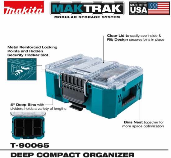 The Makita P-91001 MakTrak Rolling Tool Chest features a clear lid, rib design, and metal-reinforced locks. Includes 5 deep bins with dividers, stackable bins, and is made in the USA—perfect for tool storage. Model T-90065.