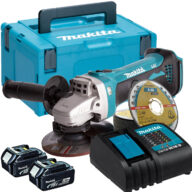 The Makita DGA452 115mm Angle Grinder Kit (Online Exclusive Deal) includes a 115mm grinder, blue case, two rechargeable batteries, charger, and grinding discs—all neatly arranged in front of the case.