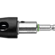 A close-up image of a drill bit with a black plastic depth stop attachment and metal shank, positioned horizontally on a white background.