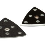 Two black, triangular sanding pad attachments with circular holes and a textured surface, displayed against a white background.