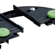 A black plastic adjustable tool with two green knobs and metal screws, designed for precise positioning or measuring, placed on a white background.