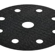 A round black abrasive sanding disc with a textured surface and eight evenly spaced holes around a larger central hole.