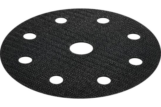 A round black abrasive sanding disc with a textured surface and eight evenly spaced holes around a larger central hole.