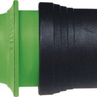 A close-up of a plastic hose connector with a green middle section and black ends, shown against a white background.