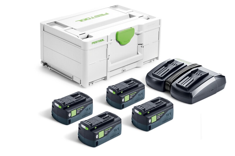 A Festool 577710 Energy Set SYS 18V 4x5,0/TCL 6 DUO with a white case, TCL 6 DUO charger, and four black 18V batteries is displayed on a white background.
