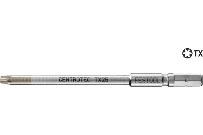 A silver Festool CENTROTEC TX25 screwdriver bit with a star-shaped Torx tip, shown horizontally on a white background.