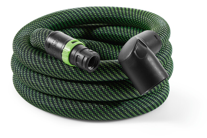 A coiled green and black hose with a textured surface and two black connectors, one straight and one angled, displayed on a white background.