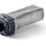 A close-up of a gray, textured, rectangular industrial filter cartridge with a black plastic end cap and fitting, isolated on a white background.
