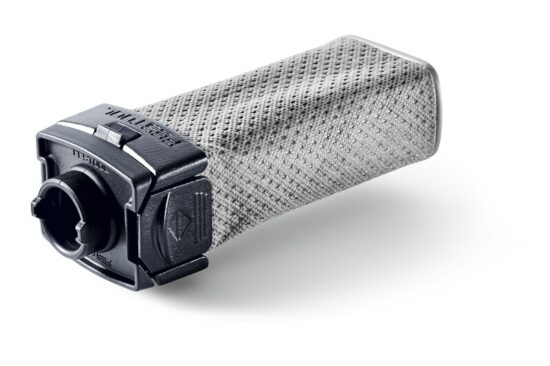 A close-up of a gray, textured, rectangular industrial filter cartridge with a black plastic end cap and fitting, isolated on a white background.