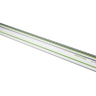 A Festool guide rail with a silver body, green stripe, and black rubber strips, designed for use with circular saws to make straight, precise cuts in wood or other materials.