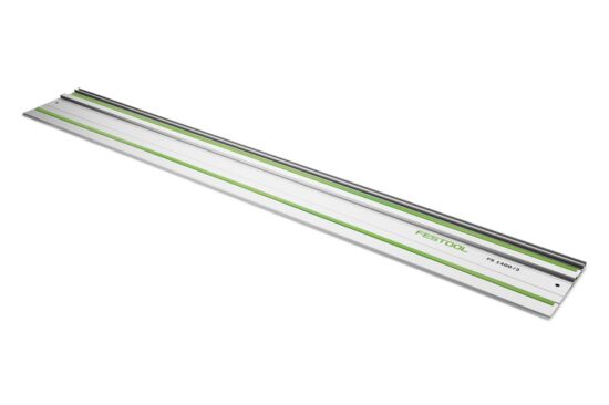 A Festool guide rail with a silver body, green stripe, and black rubber strips, designed for use with circular saws to make straight, precise cuts in wood or other materials.
