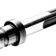 A close-up view of a metallic SDS drill bit shank adapter with grooves and slots, isolated on a white background.