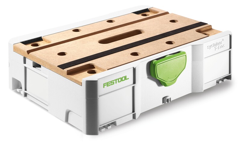 A white and green Festool Systainer with a brown wooden top, featuring black anti-slip strips and a green front latch, used for organizing and transporting tools and accessories.