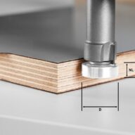 A close-up of a tool measuring the thickness of a wooden board with a metallic surface. Two labeled lines, NL and D, indicate dimensions of the wood and the measurement.