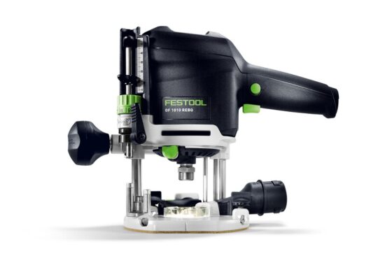 A Festool OF 1010 REBQ plunge router with a black, green, and white design, featuring adjustable knobs and a clear base, used for woodworking tasks. The tool is shown on a white background.