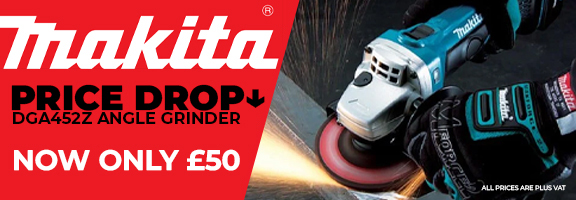 A Makita angle grinder in use, sparks flying as it grinds metal. Makita. Price Drop. DGA452Z Angle Grinder. Now only £50. Small print: All prices are plus VAT.