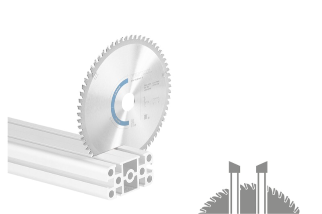 A circular saw blade with sharp teeth is positioned upright against an aluminum extrusion profile. Part of a diagram showing the blade’s teeth cutting through material is visible in the bottom right corner.