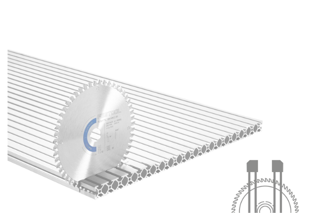 A circular saw blade positioned on top of a hollow aluminum extrusion with multiple parallel channels, with a technical diagram of the saw blade in the lower right corner.