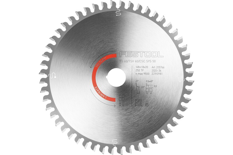 A circular saw blade with sharp, evenly spaced teeth around the edge, silver in color, featuring technical specifications and the Festool logo etched in the center.