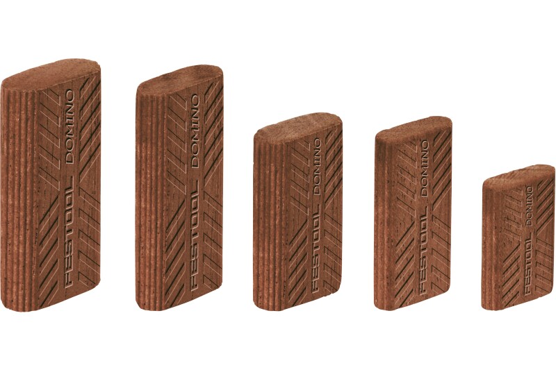 Five brown, oval-shaped wooden Festool Domino tenons of varying sizes are standing upright in a row against a white background. Each tenon has grooved patterns and FESTOOL DOMINO engraved on the surface.