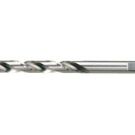 A close-up image of a metal twist drill bit with spiral flutes, positioned horizontally on a white background.