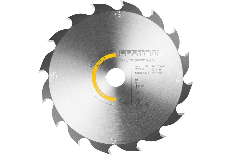 A circular saw blade with sharp, evenly spaced teeth, labeled FESTOOL and technical details engraved on the metal surface. A yellow graphic highlights the direction of rotation.