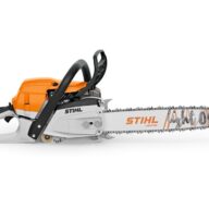 A Stihl brand chainsaw with an orange and white body, a black handle, and a silver cutting chain. The chainsaw is viewed from the side, displaying the STIHL logo on both the body and the bar.