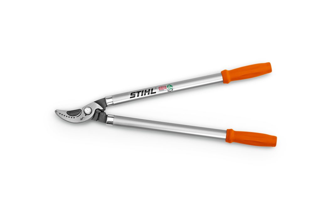A pair of Stihl 00008813669 PB10 Bypass Pruning Shears with silver handles and orange grips is shown on a white background.