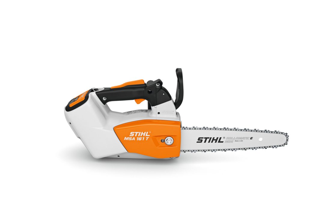 A Stihl MSA161T Battery Arborists Chainsaw with orange and white body, black handle, and silver guide bar on a white background.